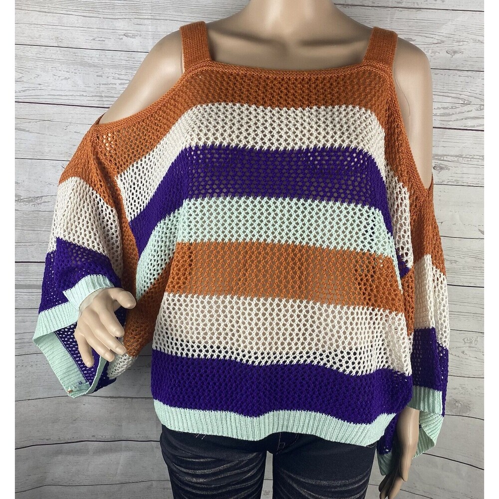 NWT L. Love Cropped Sweater Colorful Striped Cold Shoulder Oversized Top
